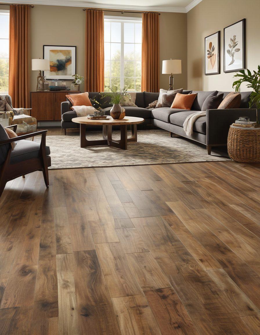 A stylish living room showcasing Mohawk flooring in various textures and colors, highlighting its versatility for different home styles such as modern, rustic, and traditional. Include decorative elements like furniture, plants, and cozy lighting to enhance the inviting atmosphere. Emphasize the beauty and practicality of the flooring with close-up details. super-realistic. warm tones. vibrant interiors.