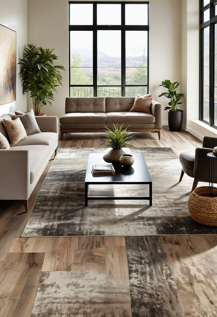 A luxurious living room featuring Mohawk flooring made from eco-friendly materials, showcasing elegant design elements like a modern area rug, indoor plants, and large windows with natural light flooding in. Highlight textures and patterns of the flooring to emphasize sustainability and luxury. Incorporate a serene color palette with earthy tones. super-realistic. vibrant colors. cozy atmosphere.