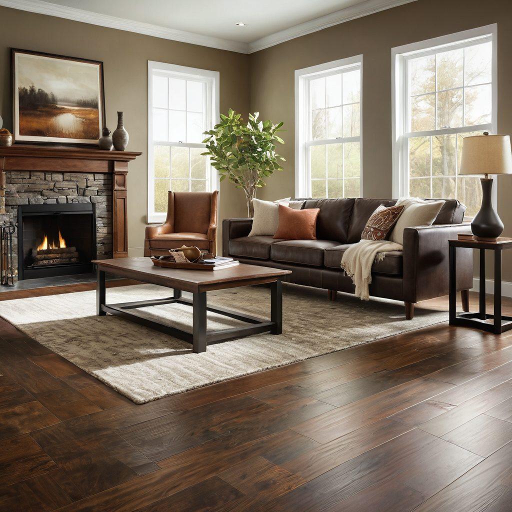A cozy, modern living room showcasing a freshly installed Mohawk flooring with rich textures and natural wood tones. Decorative furniture complements the warm ambiance, while tools and flooring samples are artfully displayed in the foreground, illustrating the installation process. Soft, natural lighting filters through a large window, enhancing the inviting atmosphere. vibrant colors. super-realistic.